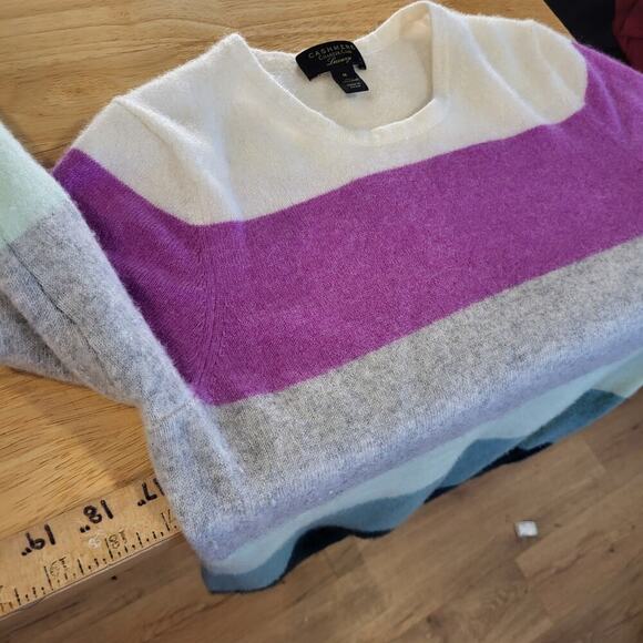 Charter Club Luxury 100% Cashmere Pink & Green Stripe Crew Neck Sweater Medium - Picture 7 of 10